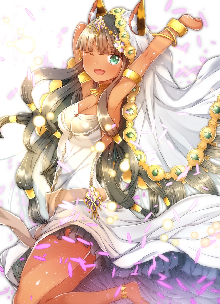 1girl, ;d, absurdres, akiran'nu, ancient_egyptian, animal_ears, anklet, armlet, arms_up, bad_id, bad_pixiv_id, barefoot, bastet_(p&amp;d), black_hair, bracelet, breasts, bridal_veil, cat_ears, cleavage, dark-skinned_female, dark_skin, dress, fang, female_focus, green_eyes, hair_ornament, hair_tubes, highres, jewelry, leg_up, looking_at_viewer, medium_breasts, necklace, one_eye_closed, open_mouth, petals, puzzle_&amp;_dragons, sash, smile, solo, veil, wedding_dress