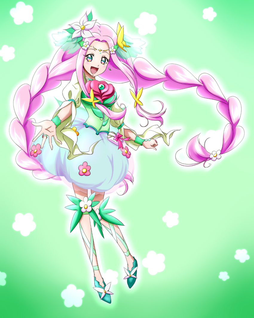 1girl, :d, blue_eyes, blue_skirt, braid, circlet, cure_felice, female_focus