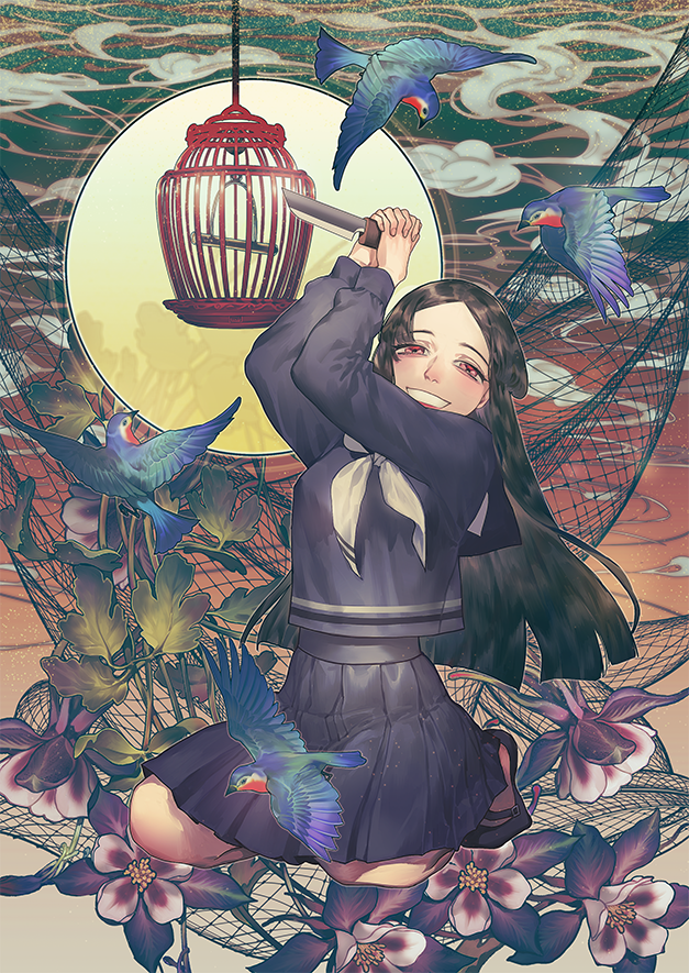 1girl, bird, birdcage, black_hair, cage, female_focus, flower, full_body