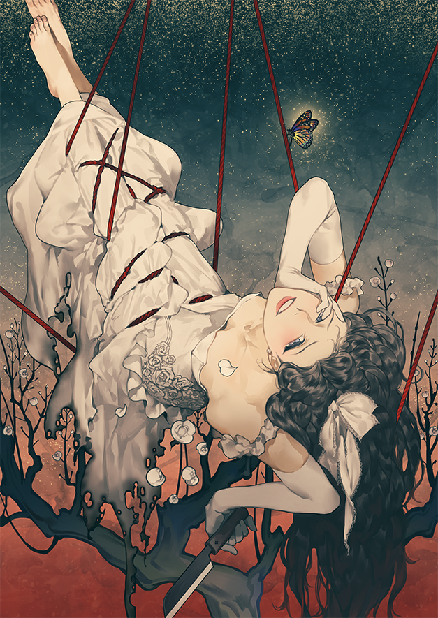 1girl, black_hair, bound, bound_legs, breasts, bug, butterfly, cleavage