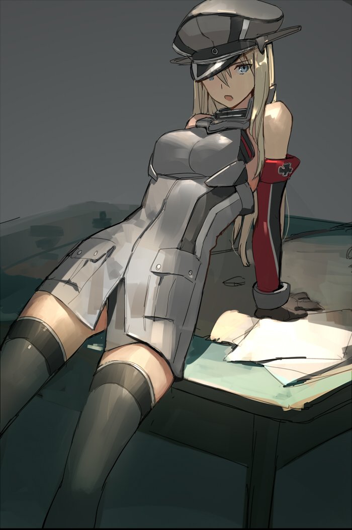 10s, 1girl, bad_id, bad_twitter_id, bare_shoulders, bismarck_(kancolle), blonde_hair, blue_eyes