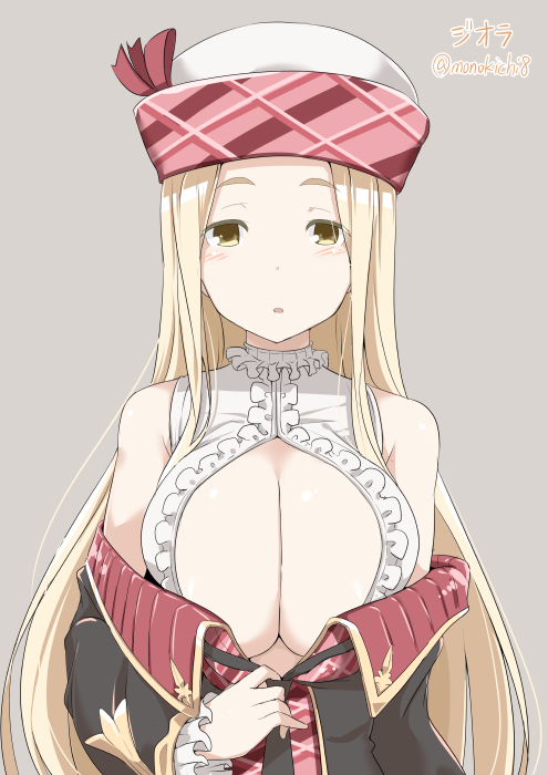 10s, 1girl, bare_shoulders, blonde_hair, blush, breasts, brown_eyes, cleavage