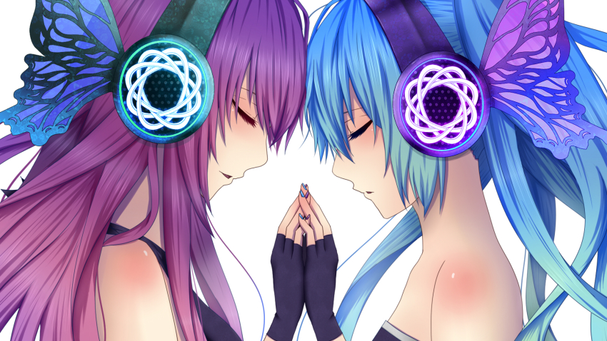 2girls, black_gloves, blue_hair, blue_nails, butterfly_wings, closed_eyes, daburu, face-to-face