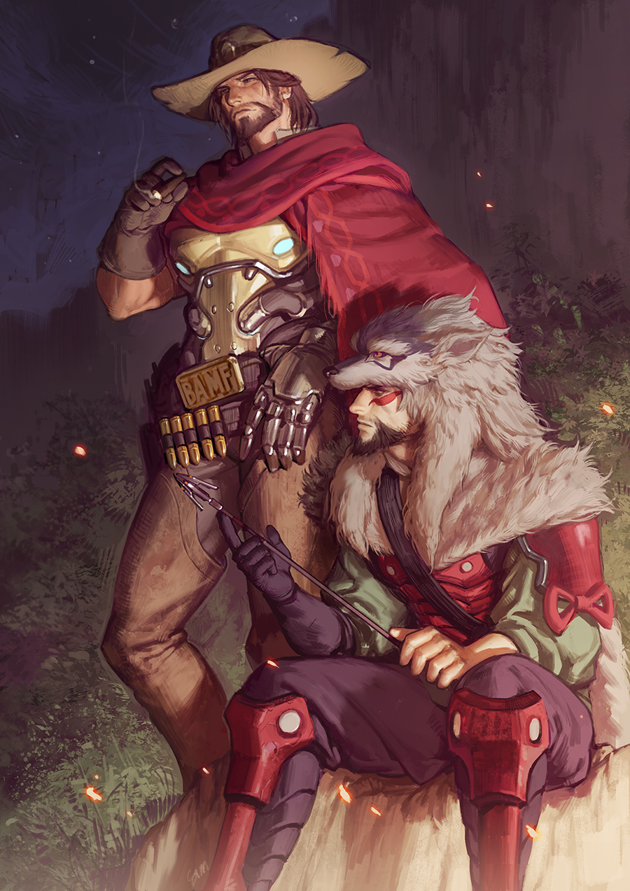 2boys, alternate_costume, animal_costume, armor, arrow_(projectile), bandolier, beard, belt, black_hair, bonfire, brown_eyes, brown_hair, bullet, cape, cassidy_(overwatch), cigar, cowboy_hat, et.m, facial_hair, facial_mark, forest, gloves, gun, handgun, hanzo_(overwatch), hat, highres, holster, japanese_clothes, lone_wolf_hanzo, male_focus, multiple_boys, nature, night, official_alternate_costume, outdoors, overwatch, overwatch_1, pelt, revolver, short_hair, single_glove, sitting, smoking, standing, weapon, wolf_hood