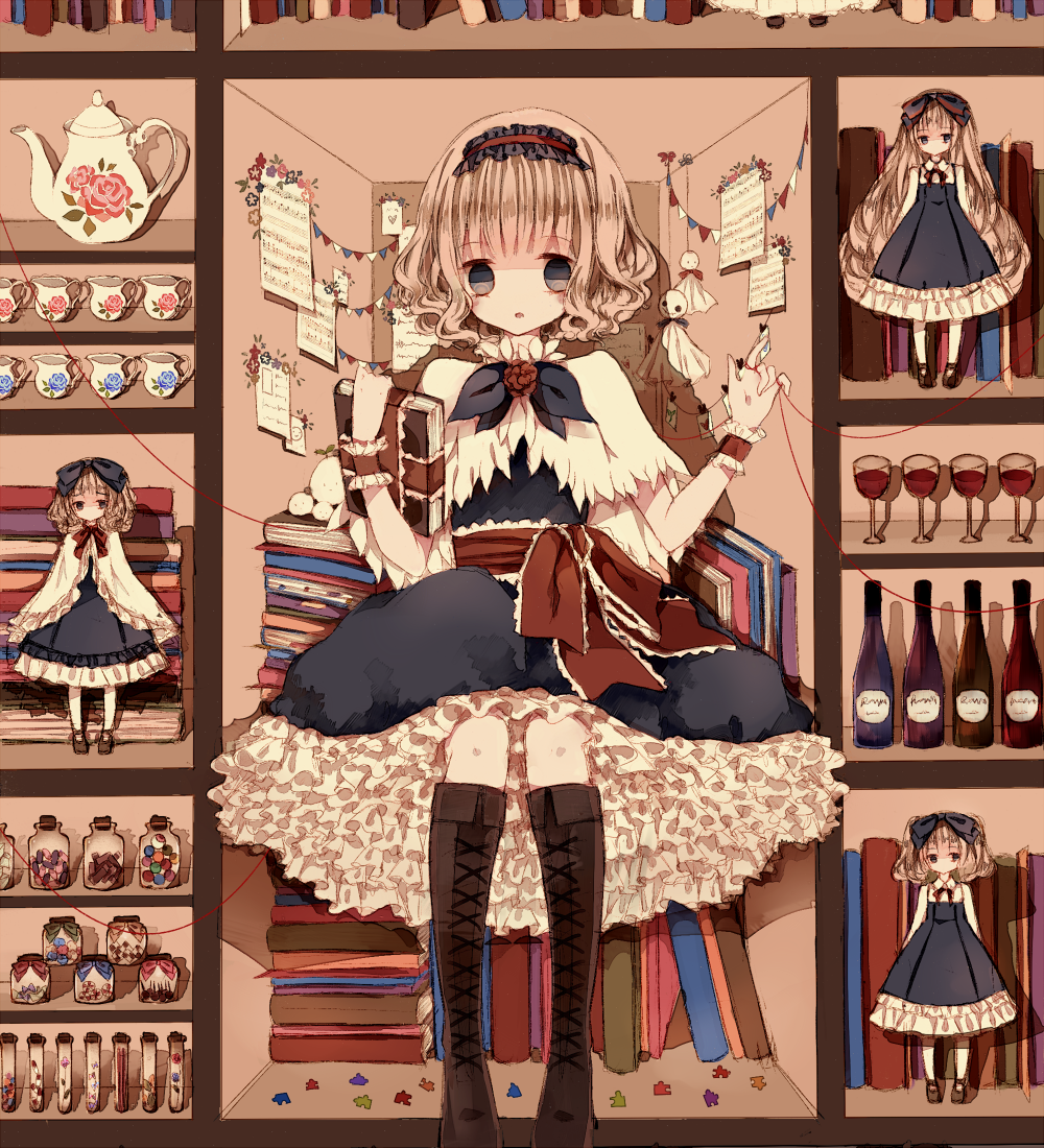 1girl, :o, alice_margatroid, blonde_hair, blue_dress, blue_eyes, book, book_stack, bookshelf, boots, bottle, brown_boots, string_of_flags, capelet, checkerboard_cookie, cookie, cup, doll, dress, drinking_glass, female_focus, floral_print, flower_in_jar, food, grimoire_of_alice, hairband, holding, holding_sword, holding_weapon, jar, knee_boots, lace-up_boots, lolita_hairband, maipiku_muji_zhong, open_mouth, pennant, petticoat, puzzle_piece, rose_print, sheet_music, shelf, short_hair, sitting, solo, string, string_of_fate, sword, teapot, teruterubouzu, test_tube, touhou, wavy_hair, weapon, wine_glass, wrist_cuffs