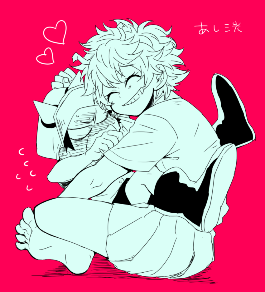 10s, 1boy, 1girl, ashido_mina, bad_id, bad_pixiv_id, barefoot, blush, boku_no_hero_academia, boots, flying_sweatdrops, hat, hetero, hug, izumi_kota, limited_palette, monochrome, pink_background, school_uniform, simple_background, skirt, smile, sweat, u_(umweeei)
