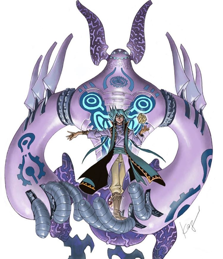 1boy, aigami, bad_id, bad_instagram_id, blue_hair, boots, bracelet, brown_footwear, dark-skinned_male, dark_skin, duel_monster, full_body, indiora_death_bolt_the_cubic_high_emperor, jewelry, long_hair, male_focus, signature, spiked_hair, takahashi_kazuki, white_background, yellow_eyes, yu-gi-oh!