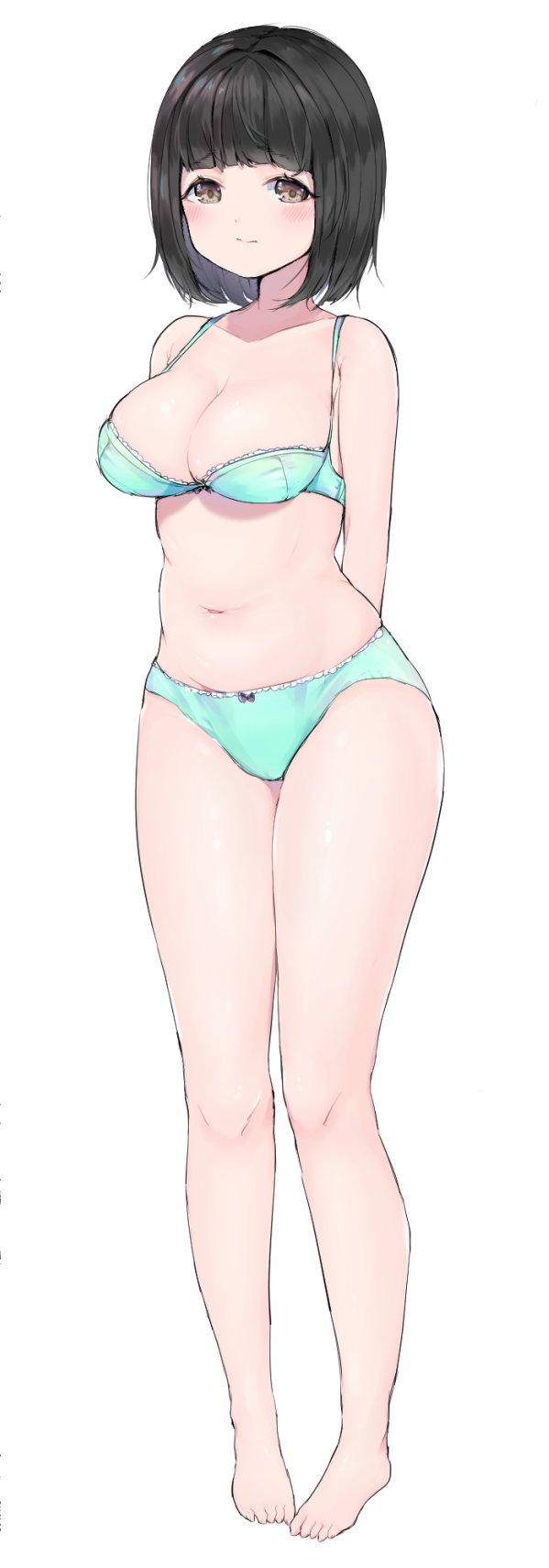 1girl, aqua_bra, aqua_panties, arms_behind_back, bare_shoulders, black_hair, blush, bow