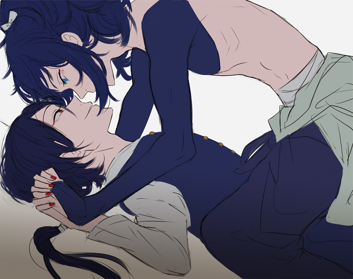 10s, 2boys, blue_eyes, bridal_gauntlets, covered_mouth, covering_own_mouth, holding_hands, kashuu_kiyomitsu