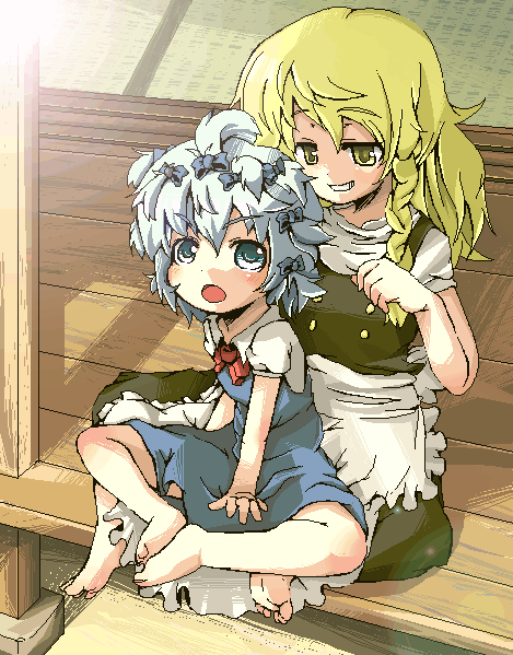 2girls, bad_id, bad_pixiv_id, barefoot, blonde_hair, blue_hair, braid, cirno