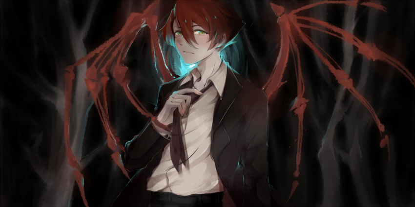 1boy, adam's_apple, akasaki_minato, bone_wings, cevio, colored_skin, formal_clothes, green_eyes, luza_(moeluw), male_focus, necktie, red_hair, solo, suit, upper_body, white_skin, wings