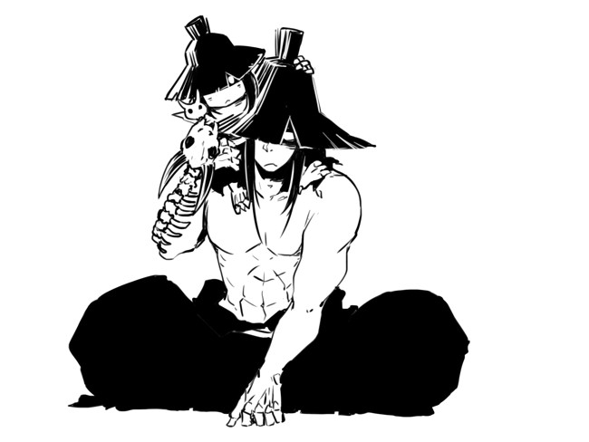 10s, 2boys, dual_persona, enemy_uchigatana, greyscale, hakama, hakama_skirt, historical_revisionist