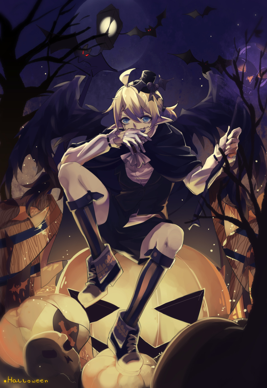 1boy, ahoge, barrel, bat_(animal), bat_wings, blonde_hair, covering_own_mouth, full_body, gloves, hair_tie, halloween, hand_over_own_mouth, hat, highres, jack-o'-lantern, kagamine_len, kneehighs, lamppost, luza_(moeluw), male_focus, mini_hat, mini_top_hat, moon, night, ponytail, pumpkin, scepter, shoes, short_shorts, shorts, sitting, skull, sky, sneakers, socks, solo, stitches, top_hat, vocaloid, white_gloves, wings