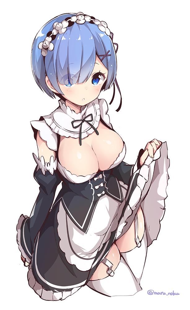 10s, 1girl, :o, alternate_legwear, apron, blue_eyes, blue_hair, breasts