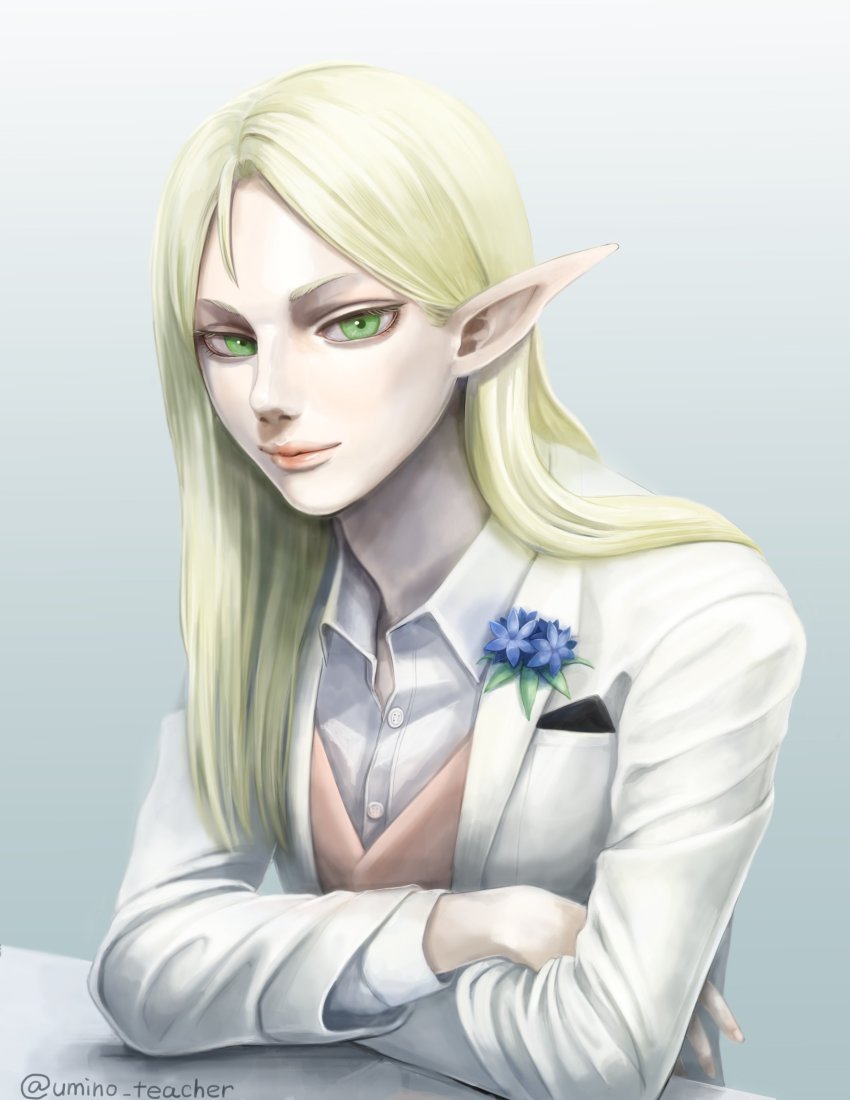 1boy, absurdres, androgynous, bishounen, blonde_hair, bow, bowtie, elf, erik_burton, formal_clothes, green_eyes, highres, long_hair, looking_at_viewer, male_focus, pointy_ears, pop-up_story, smile, solo, suit, trap, tuxedo, twitter_username, umino_kiri, umino_teacher