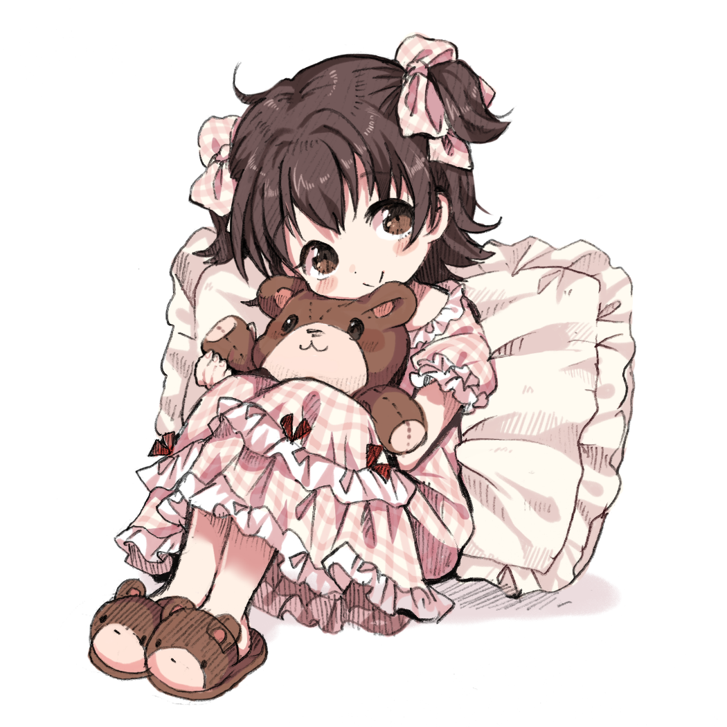 1girl, akagi_miria, brown_eyes, brown_hair, child, dress, female_focus, frilled_pillow