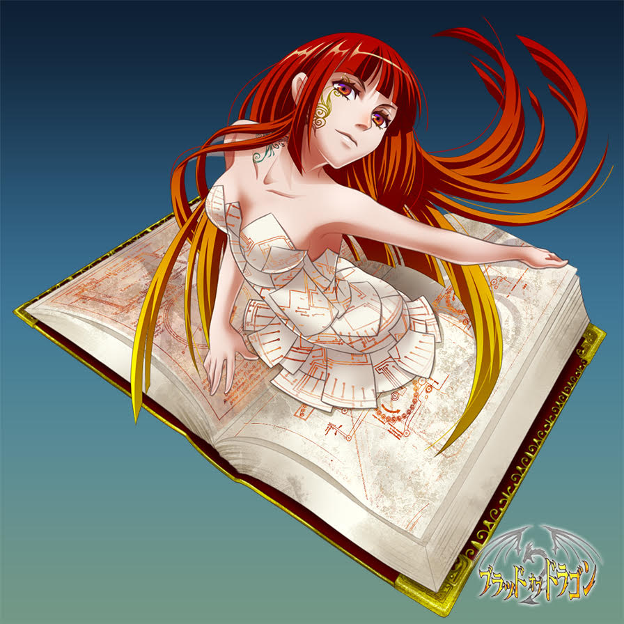 1girl, book, book_focus, cthulhu_mythos, long_hair, musora, necronomicon, original, personification, red_eyes, red_hair, tattoo