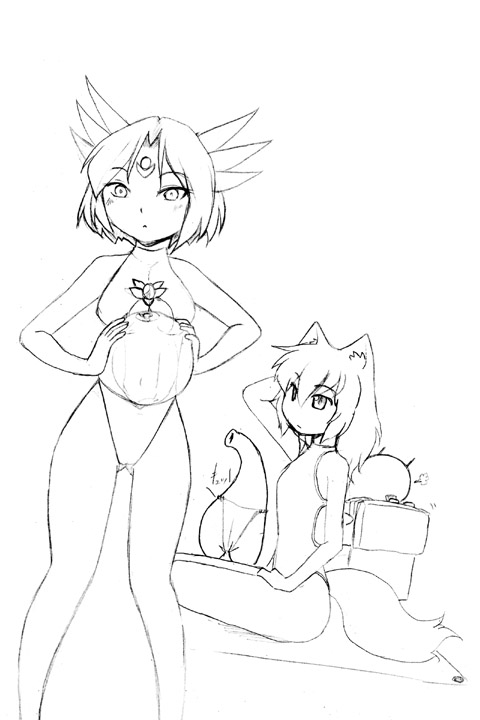 2girls, animal_ears, beachball, camel_(dansen), kyu_(creature), milia, milia_wars, monochrome