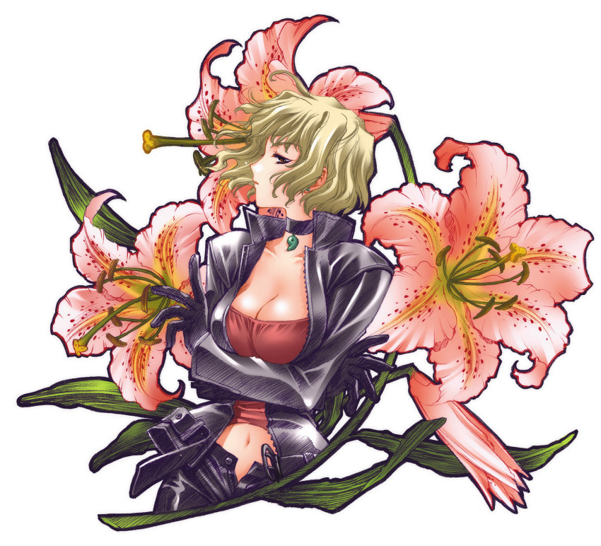 00s, 1girl, black_gloves, blonde_hair, breast_hold, breasts, carnelian, choker