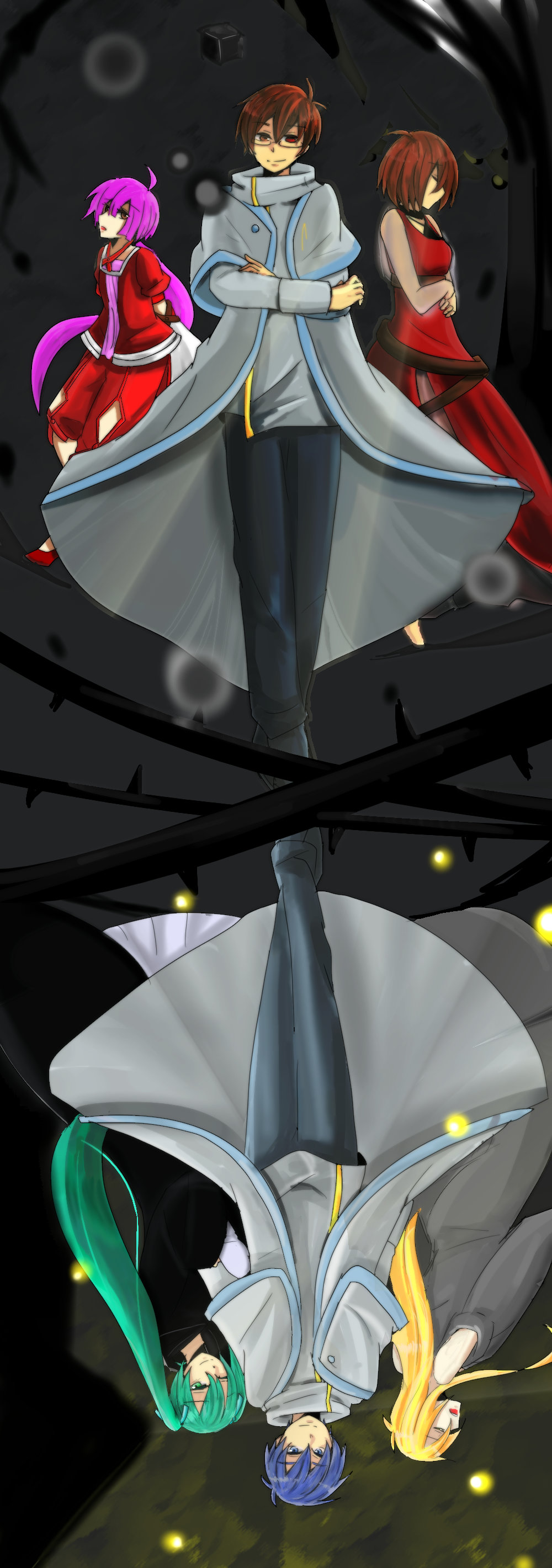 2boys, 4girls, absurdres, adam_moonlit, akame_(akame0516), alternate_hair_color, aqua_eyes, aqua_hair