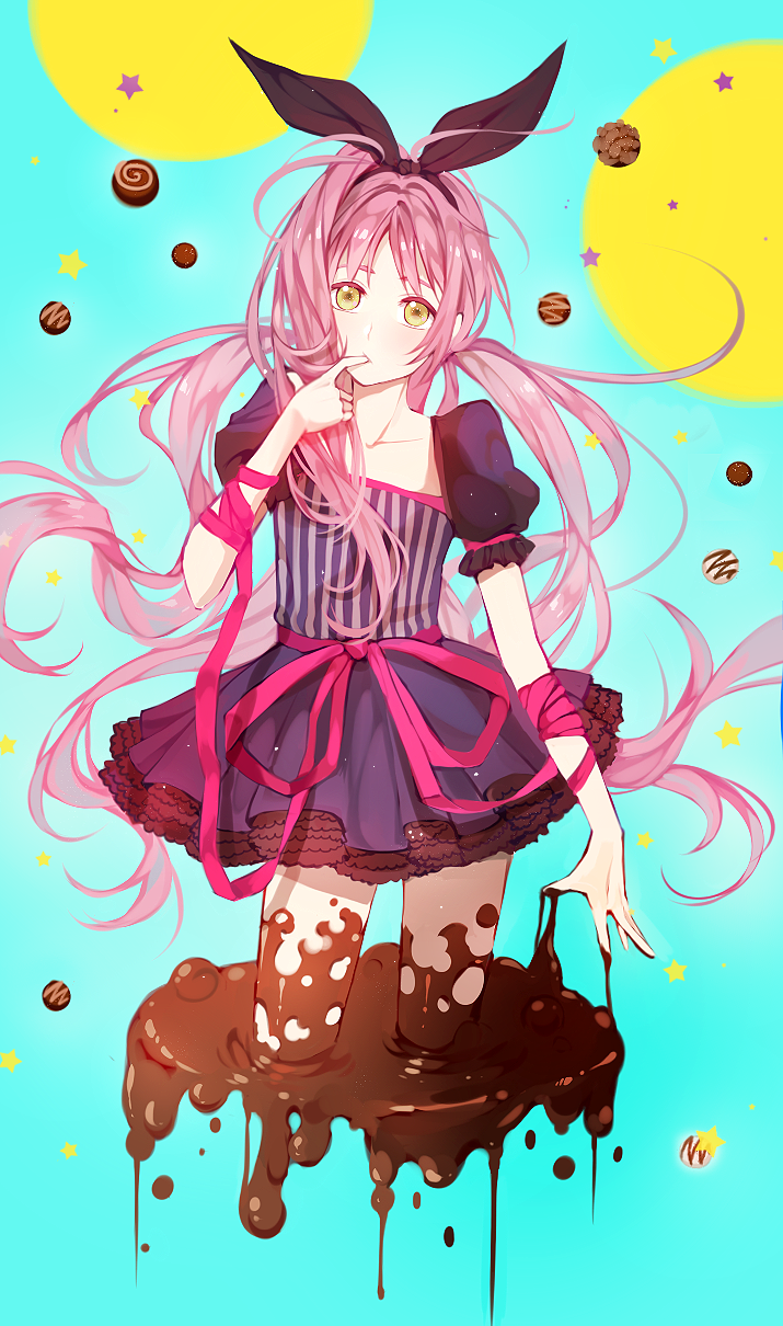 1boy, berii_(cad_berry), chocolate, crossdressing, crossdressing_(mtf), dress, green_eyes, hair_ribbon