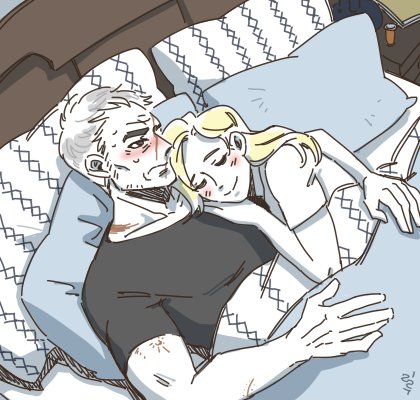 1boy, 1girl, awake, bad_id, bad_twitter_id, black_shirt, blonde_hair, blush