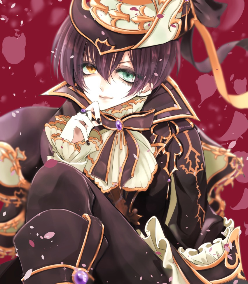 1boy, ayuneo, black_hair, blue_eyes, eva_armstrong, frilled_shirt_collar, frills, gloves