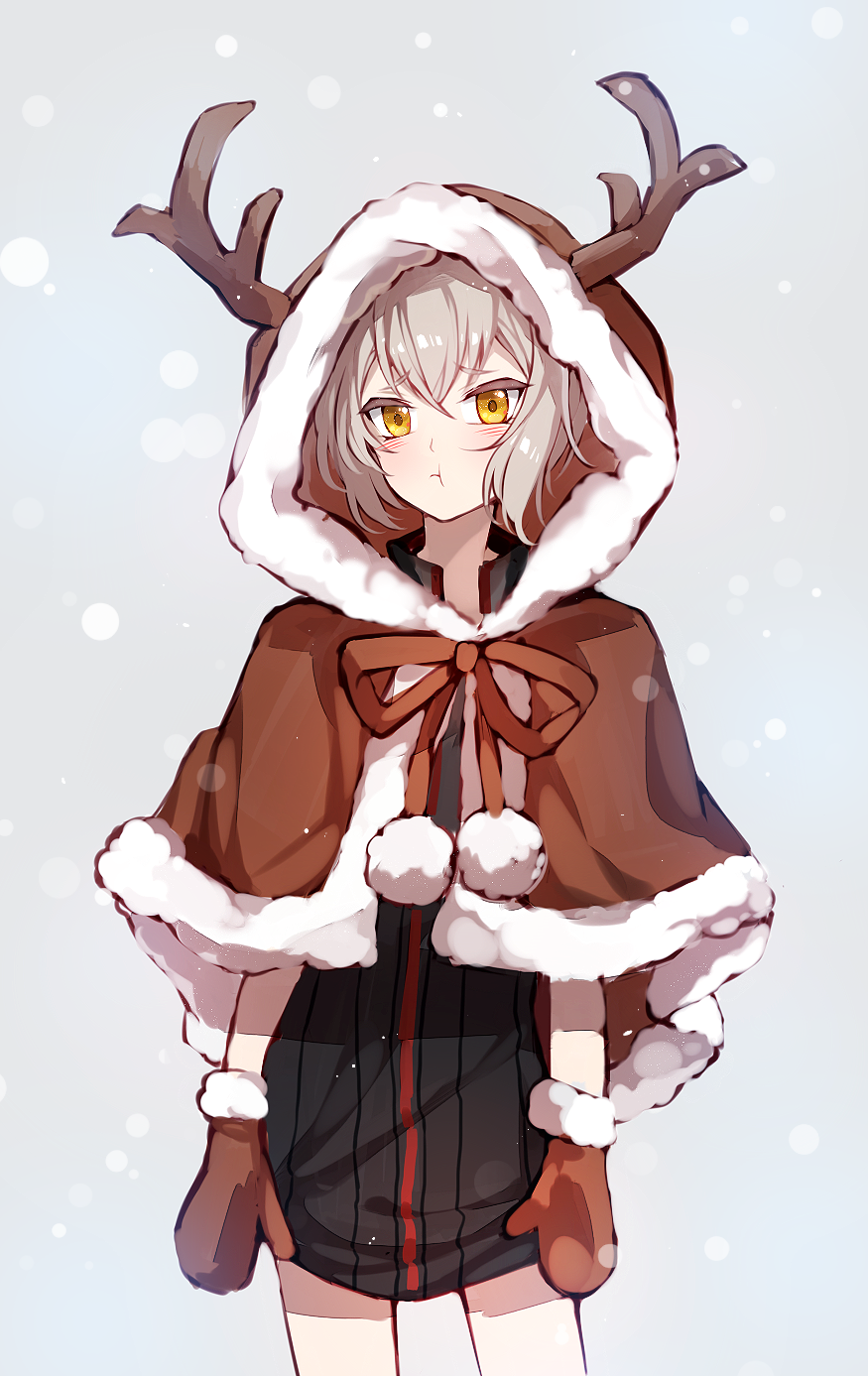 1boy, :t, animal_hood, antlers, berii_(cad_berry), blush, grey_hair, highres, hood, horns, i-chu, male_focus, mittens, reindeer_hood, short_hair, snow, solo, yamanobe_mio, yellow_eyes