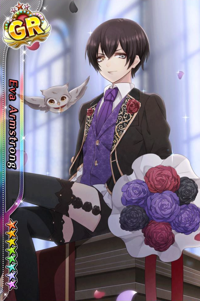 1boy, bird, black_hair, blue_eyes, card_(medium), character_name, eva_armstrong, heterochromia