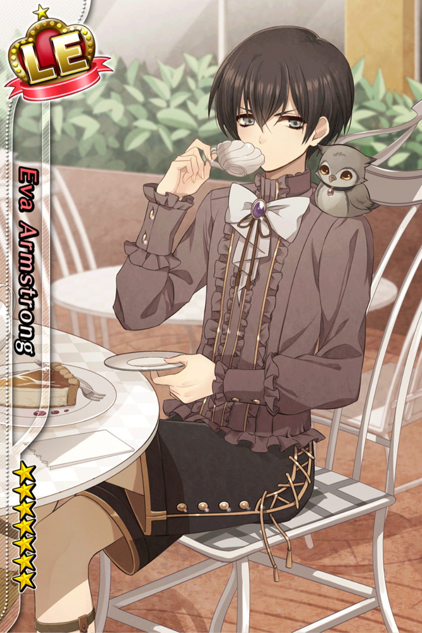 1boy, bird, black_hair, blue_eyes, card_(medium), character_name, crossed_legs, cup, eva_armstrong, food, goth_fashion, highres, i-chu, male_focus, official_art, owl, pie, short_hair, solo, tea, teacup