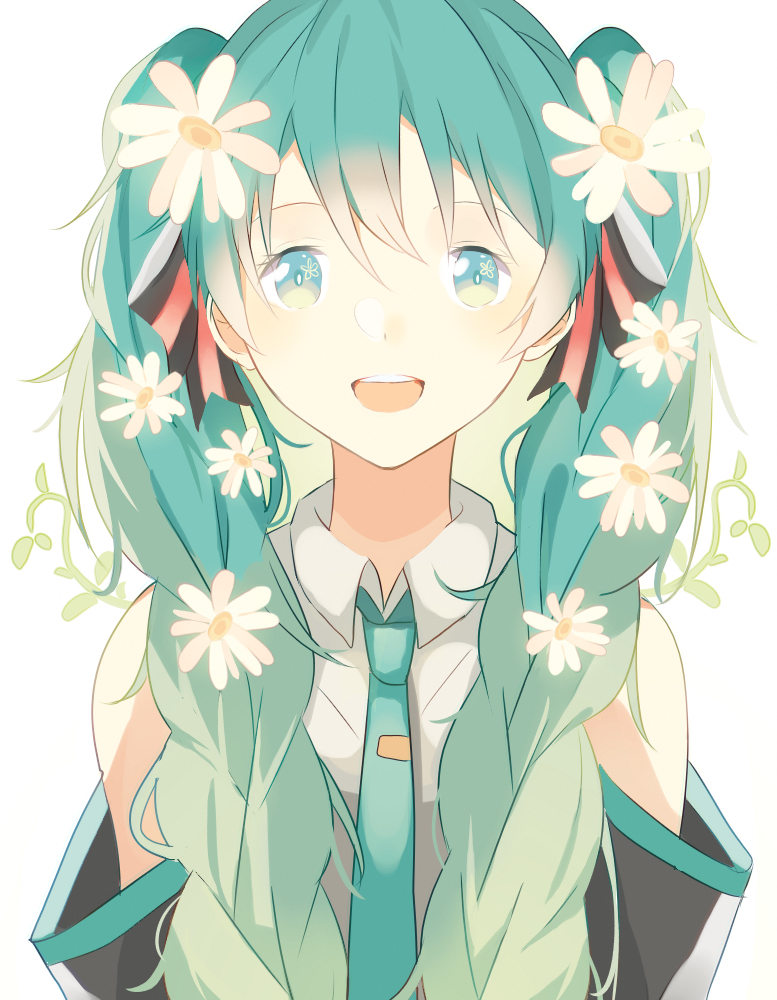 1girl, :d, aqua_necktie, blush, collared_shirt, detached_sleeves, female_focus, flower