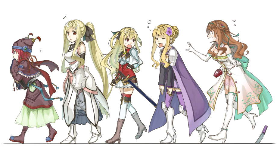 5girls, aburana_(flower_knight_girl), anklet, armor, bag, bare_shoulders, black_gloves, black_ribbon, blonde_hair, boots, braid, breasts, brown_hair, cape, capelet, cleavage, closed_eyes, detached_collar, dress, duffel_bag, elbow_gloves, fingerless_gloves, flower, flower_knight_girl, french_braid, from_side, ginran_(flower_knight_girl), gloves, green_ribbon, hair_bun, hair_flower, hair_ornament, hairclip, high_heel_boots, high_heels, jewelry, long_hair, looking_at_viewer, minatsuki_(sitsu), multiple_girls, nazuna_(flower_knight_girl), open_mouth, panties, pauldrons, pleated_skirt, ponytail, profile, purple_footwear, purple_legwear, red_eyes, red_hair, red_scarf, ribbon, saintpaulia_(flower_knight_girl), scarf, shoes, short_hair, shoulder_armor, sidelocks, single_hair_bun, skirt, sleeveless, sweatdrop, sword, thigh_boots, thighhighs, underwear, vambraces, very_long_hair, very_long_sleeves, waremokou_(flower_knight_girl), weapon, white_background, white_dress, white_footwear, white_gloves, white_skirt