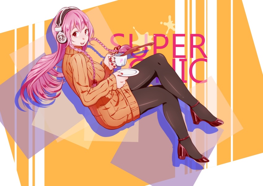 1girl, black_pantyhose, braid, breasts, cup, dress, female_focus, headphones