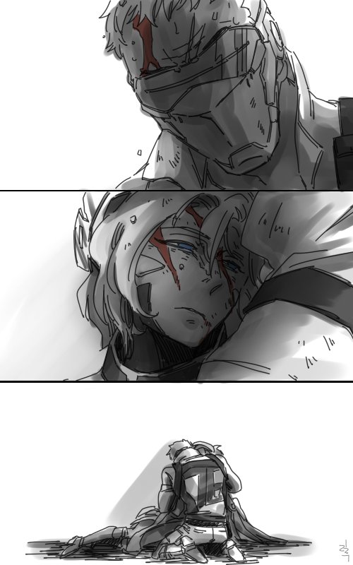 1boy, 1girl, bad_end, bad_id, bad_twitter_id, bleeding, blood, blue_eyes, comic, dying, gradient_background, lillu, mercy_(overwatch), monochrome, overwatch, overwatch_1, shadow, soldier:_76_(overwatch), spot_color, visor, white_background