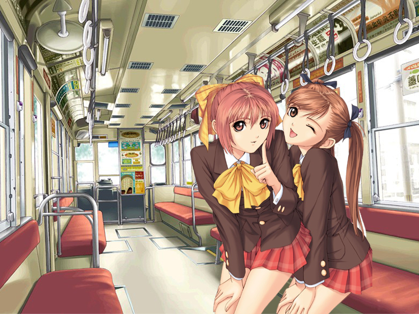 2girls, bow, brown_eyes, brown_hair, hair_bow, happy, highres, leaning_forward