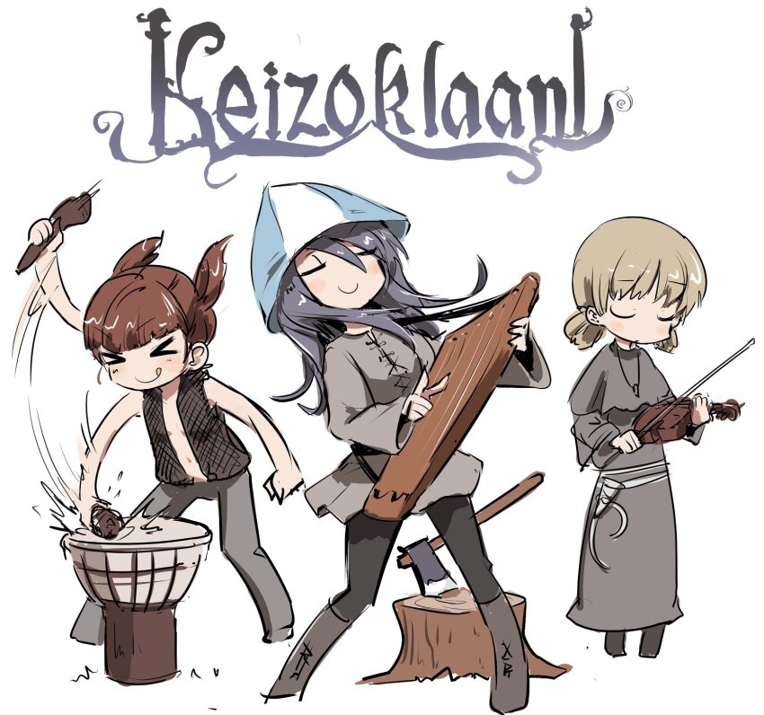 10s, 3girls, aki_(girls_und_panzer), alternate_costume, axe, bad_id, bad_twitter_id, black_hair