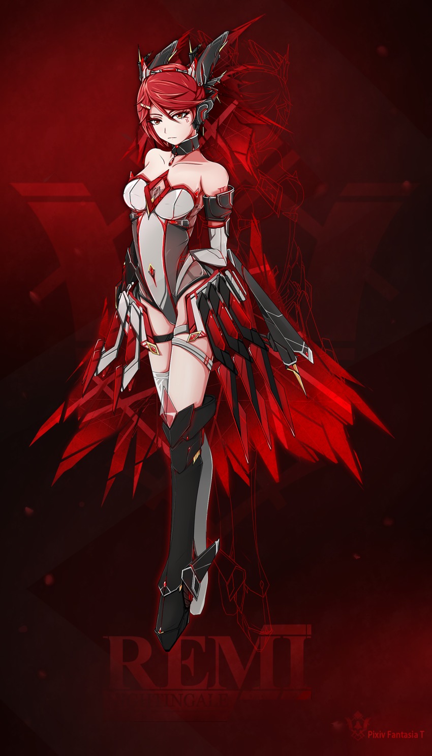 1girl, absurdres, bodysuit, boots, breasts, choker, detached_sleeves, facial_mark, female_focus, highres, knee_boots, long_hair, original, pixiv_fantasia, pixiv_fantasia_t, red_background, red_hair, sharatang, solo, thigh_strap