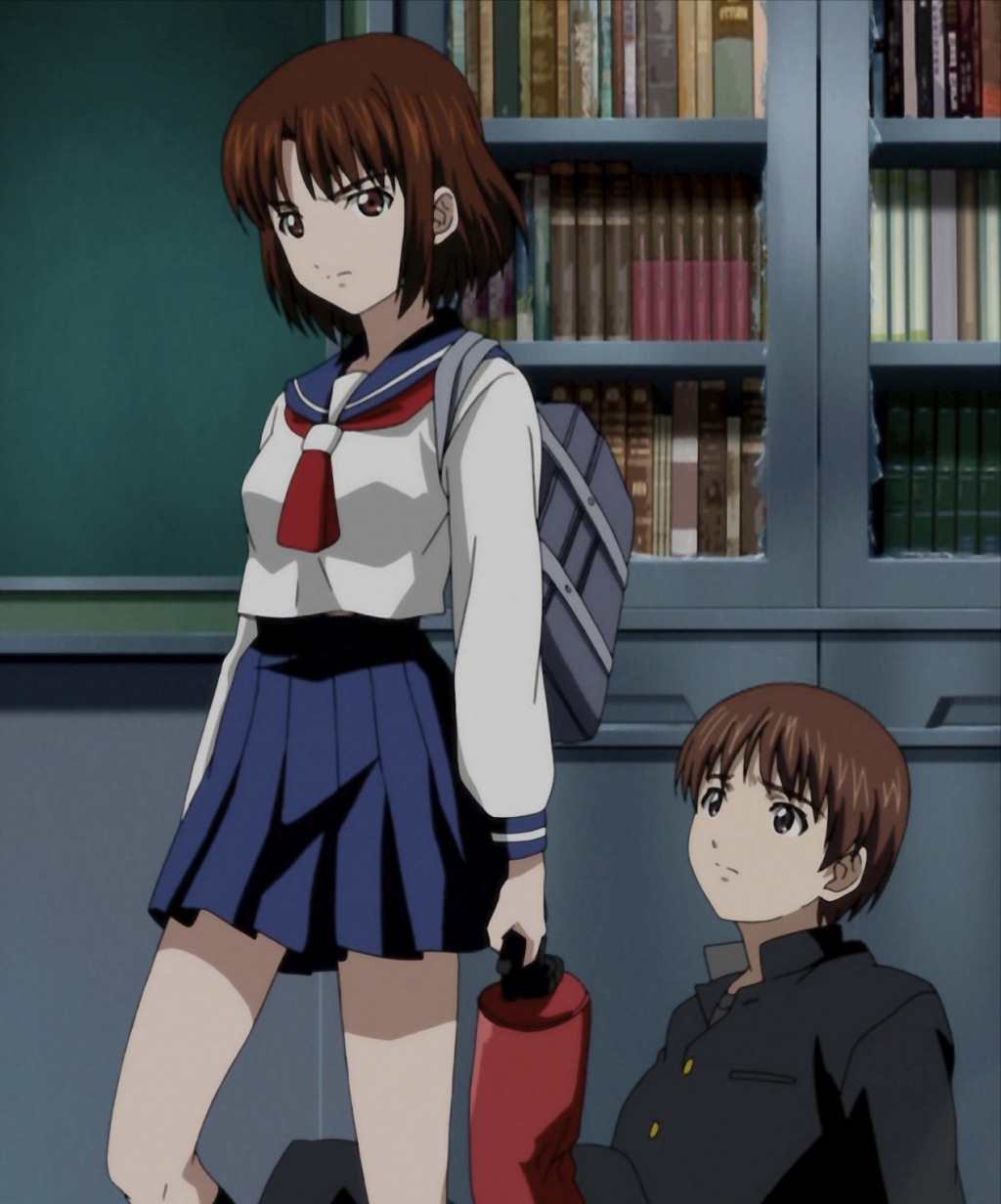 00s, 1boy, 1girl, angry, anime_screenshot, backpack, bag, bookshelf