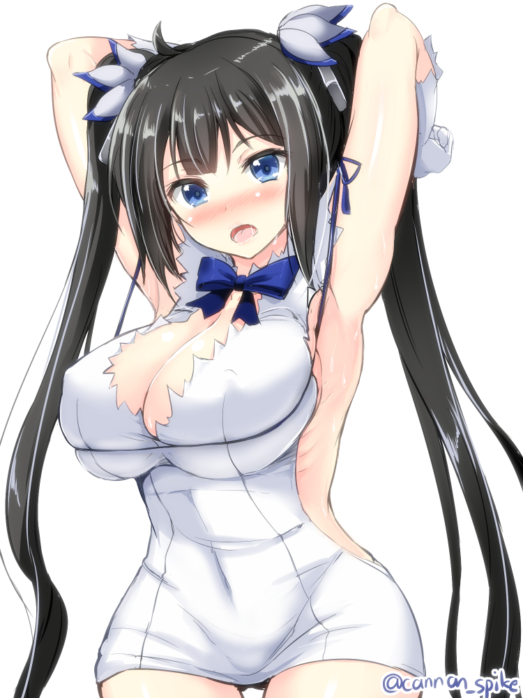 10s, 1girl, arm_ribbon, armpits, arms_up, black_hair, blue_bow, blue_bowtie, blue_eyes, blue_ribbon, blush, bow, bowtie, breasts, cleavage, cleavage_cutout, clothing_cutout, covered_erect_nipples, covered_navel, cowboy_shot, dress, dungeon_ni_deai_wo_motomeru_no_wa_machigatteiru_darou_ka, female_focus, gin'ichi_(akacia), gloves, hair_ribbon, hestia_(danmachi), large_breasts, long_hair, looking_at_viewer, nose_blush, open_mouth, rei_no_himo, ribbon, saliva, short_dress, sideboob, sleeveless, sleeveless_dress, solo, sweat, twintails, twitter_username, white_background, white_dress, white_gloves