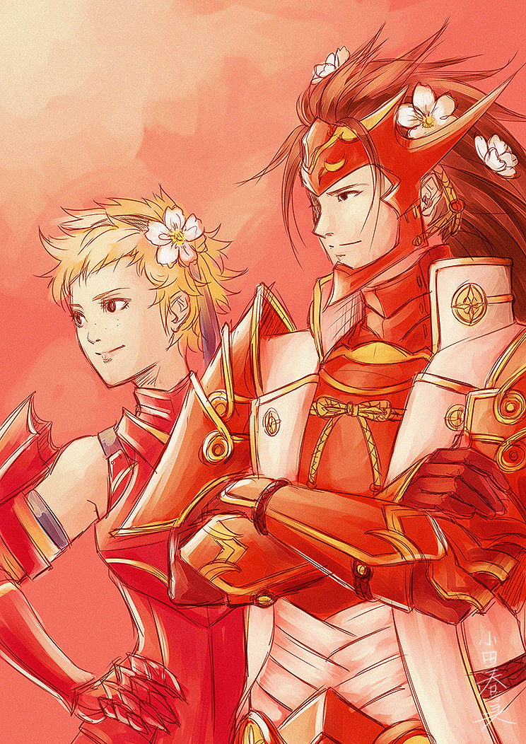 1boy, 1girl, armor, bad_id, bad_pixiv_id, blonde_hair, brown_hair, crossed_arms, fire_emblem, fire_emblem_fates, flower, freckles, gauntlets, gloves, hair_flower, hair_ornament, hairband, long_hair, nintendo, ryoma_(fire_emblem), sanxian, scarlet_(fire_emblem), short_hair