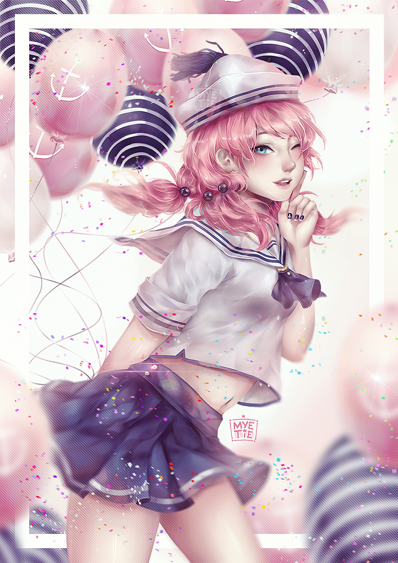 1girl, artist_name, balloon, black_nails, blurry, confetti, crop_top, dixie_cup_hat