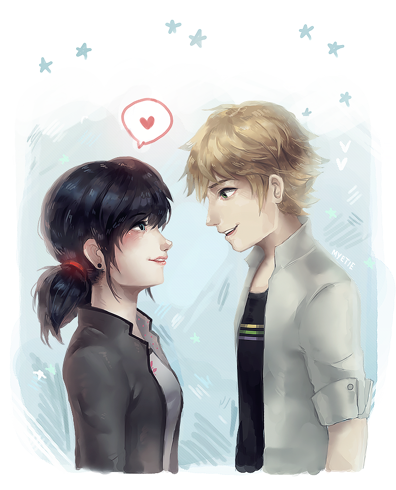 1boy, 1girl, adrien_agreste, black_hair, blonde_hair, blue_eyes, earrings, heart
