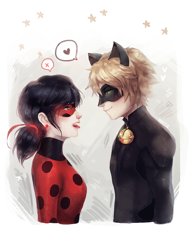 1boy, 1girl, adrien_agreste, bell, black_bodysuit, black_hair, blonde_hair, blue_eyes, bodysuit, chat_noir, domino_mask, earrings, eye_mask, from_side, green_eyes, hair_ribbon, heart, jewelry, jingle_bell, ladybug_(miraculous_ladybug), marinette_dupain-cheng, mask, miraculous_ladybug, myetie, open_mouth, polka_dot, ribbon, smile, spoken_heart, spoken_x, star_(symbol), tongue, tongue_out, twintails