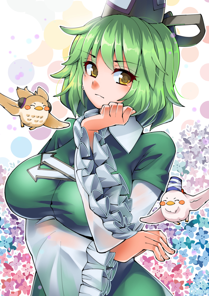 1girl, animalization, arrow_(symbol), bird, blush, breasts, chicken, dress, earmuffs, eyebrows, female_focus, floral_background, frills, green_dress, green_hair, hat, large_breasts, layered_sleeves, long_sleeves, looking_at_viewer, mononobe_no_futo, mononobe_no_futo_(chicken), owl, short_hair, short_over_long_sleeves, short_sleeves, smile, soga_no_tojiko, solo, sweatdrop, tate_eboshi, touhou, toyosatomimi_no_miko, toyosatomimi_no_miko_(owl), umigarasu_(kitsune1963), upper_body, wide_sleeves, yellow_eyes