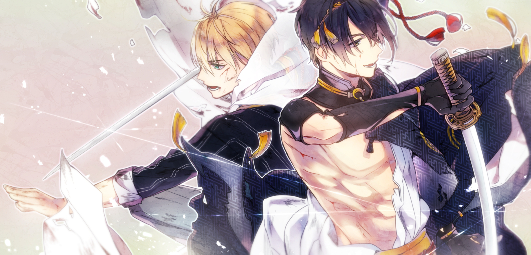 10s, 2boys, back-to-back, black_gloves, blonde_hair, blue_eyes, blue_hair, gloves