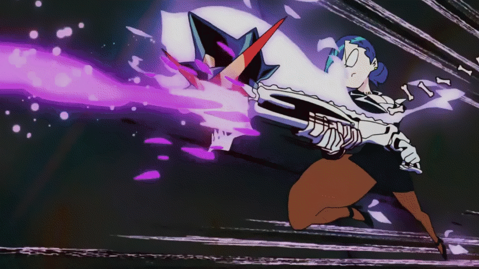 10s, 1girl, animated, animated_gif, blazer, blue_hair, bone, business_suit, closed_mouth, firing, folded_ponytail, formal_clothes, full_body, glasses, gloves, gun, hat, high_heels, holding, jacket, jewelry, judgement_gun_morphing, military_hat, miniskirt, non-web_source, over_justice, secretary_(uchuu_patrol_luluco), sexually_suggestive, shell_casing, shotgun, skeleton, skirt, suit, uchuu_patrol_luluco, weapon