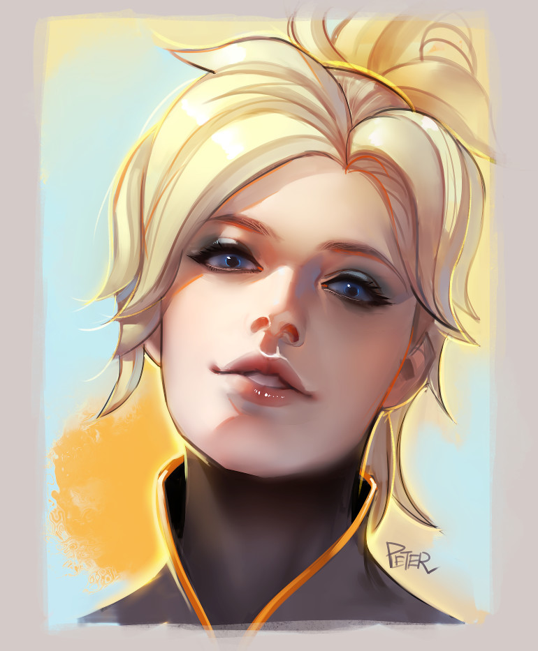 1girl, artist_name, blonde_hair, blue_eyes, eyelashes, female_focus, high_collar, high_ponytail, lips, looking_at_viewer, mercy_(overwatch), overwatch, overwatch_1, parted_lips, peter_xiao, ponytail, portrait, short_hair, solo, superschool48, upper_body