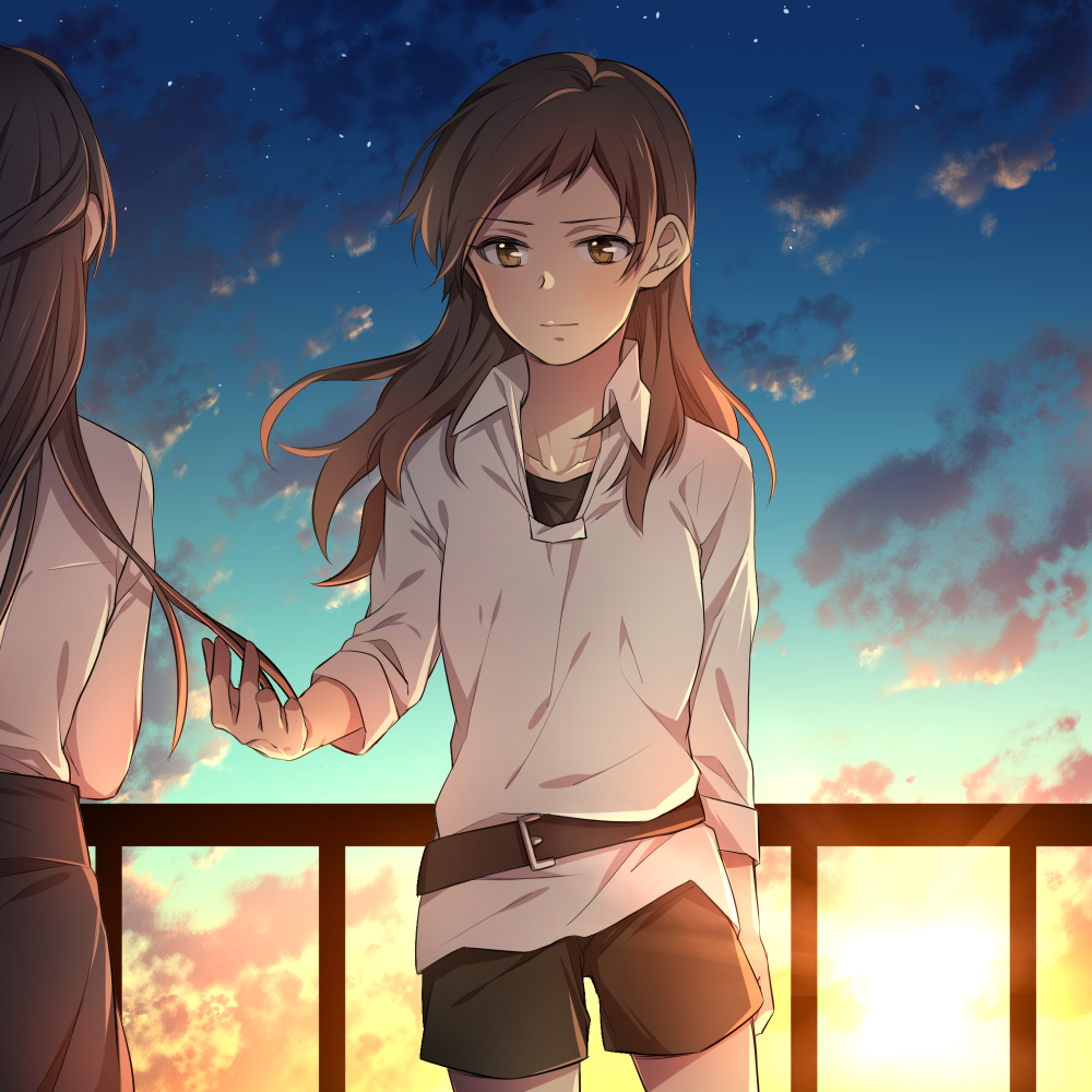 10s, 2girls, belt, black_hair, brown_hair, cloud, idolmaster, idolmaster_million_live!