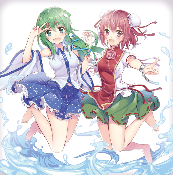 2girls, bandaged_arm, bandages, barefoot, belldot, blush, bun_cover, detached_sleeves