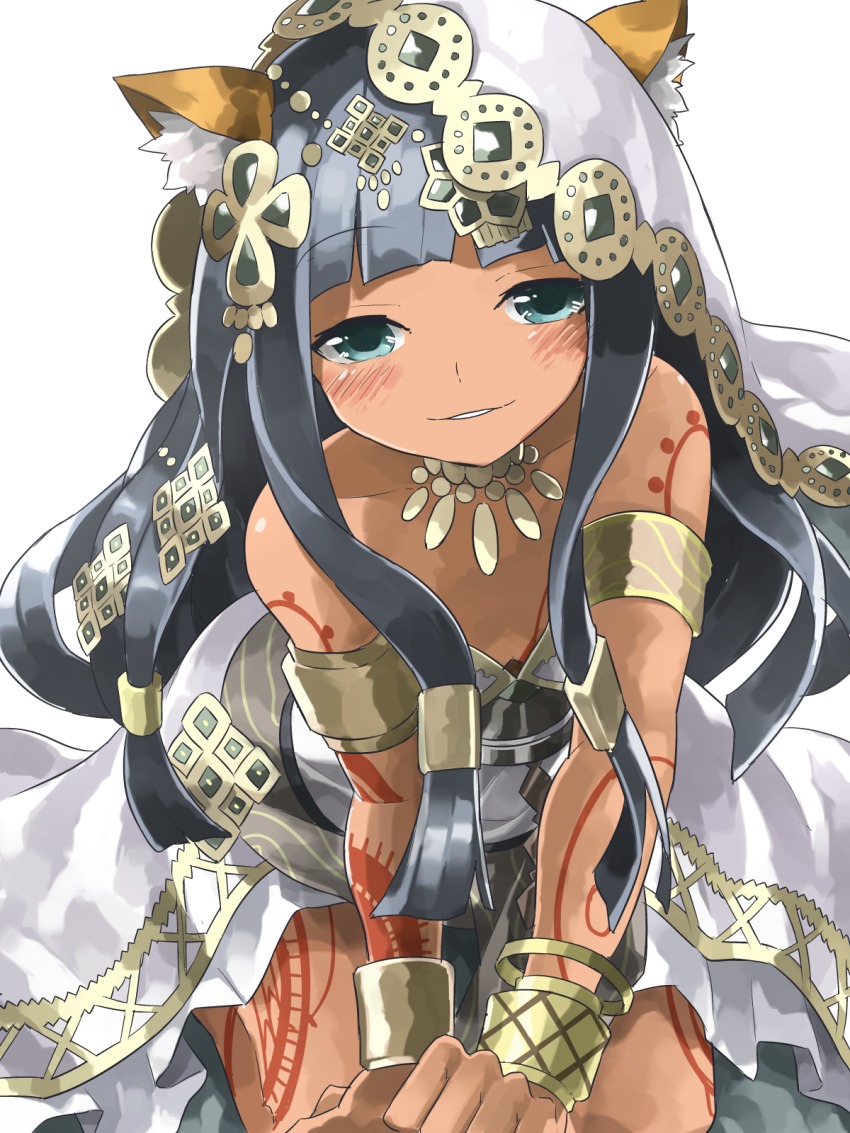 1girl, all_fours, animal_ears, armlet, bare_shoulders, bastet_(p&amp;d), black_hair, blue_eyes, blunt_bangs, blush, bracelet, bridal_veil, cat_ears, dark-skinned_female, dark_skin, dress, female_focus, highres, jewelry, long_hair, mosamune, puzzle_&amp;_dragons, smile, solo, strapless, strapless_dress, tattoo, veil, white_dress